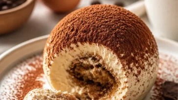 Kleine Tiramisu Kugeln auf einem Teller, dekoriert mit Kakao