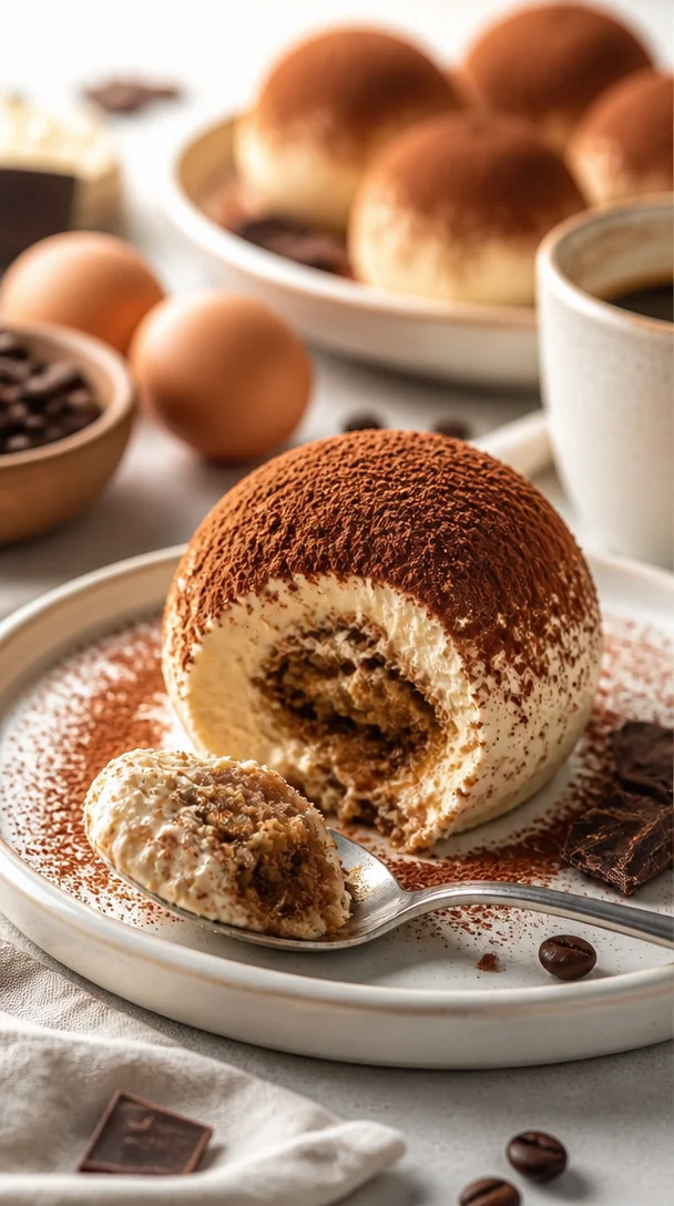 Kleine Tiramisu Kugeln auf einem Teller, dekoriert mit Kakao
