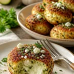 Knusprige Zucchini-Feta-Bällchen auf einem Teller serviert.