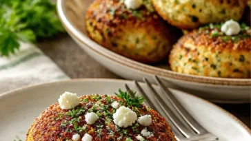 Knusprige Zucchini-Feta-Bällchen auf einem Teller serviert.