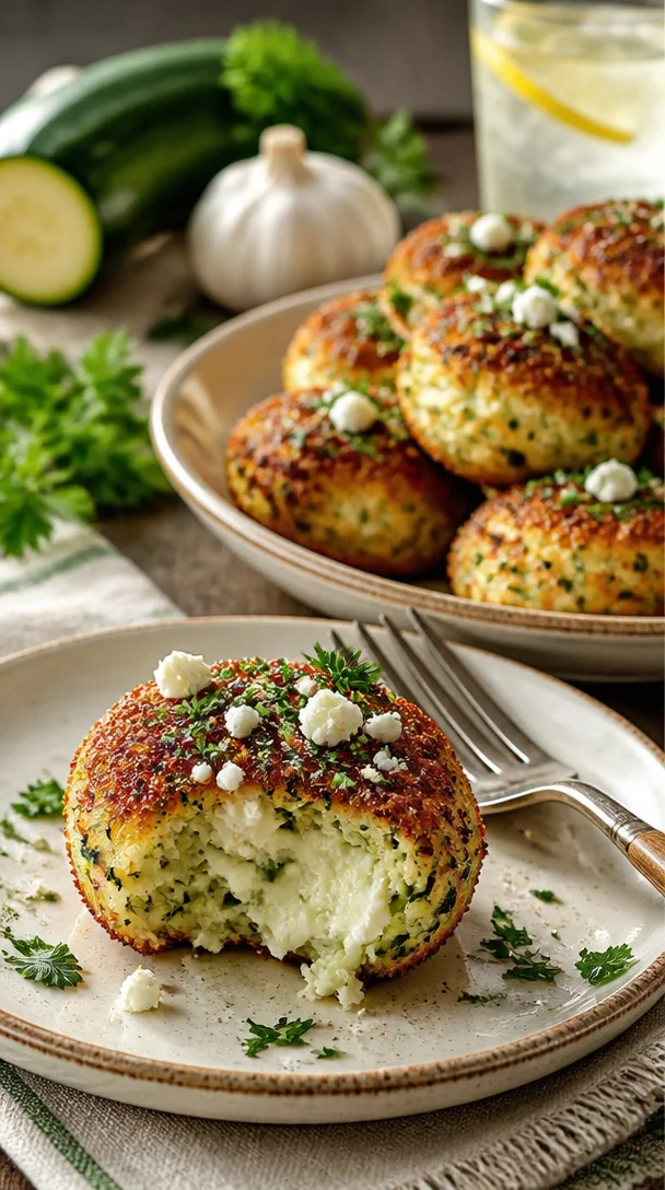 Knusprige Zucchini-Feta-Bällchen auf einem Teller serviert.