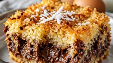 Kokos-Toffee-Schokoladenkeks in Riegelform auf einem Teller