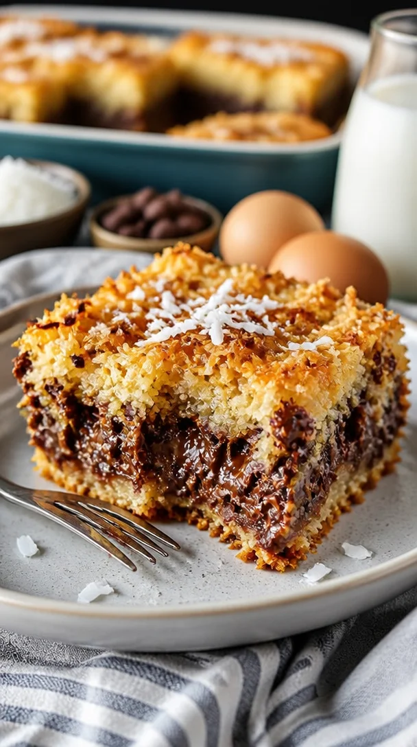 Kokos-Toffee-Schokoladenkeks in Riegelform auf einem Teller