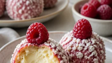 Himbeer-Frischkäse-Bites auf einem Teller angerichtet