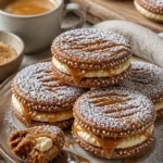 Lebkuchenkekse mit Vanille-Likörcreme und Salzkaramell auf einem Teller