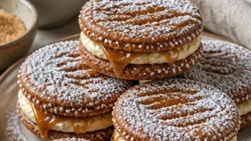 Lebkuchenkekse mit Vanille-Likörcreme und Salzkaramell auf einem Teller