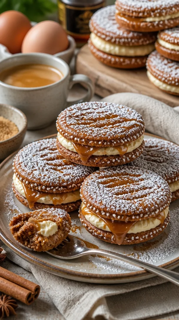 Lebkuchenkekse mit Vanille-Likörcreme und Salzkaramell auf einem Teller