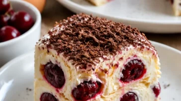 Leckere Torte Monastyrskaja Izba ohne Alkohol auf einem Teller serviert