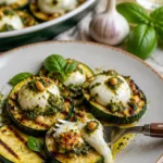 Leichter gegrillter Zucchini-Salat mit Burrata und Pesto auf einem Teller