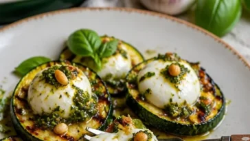 Leichter gegrillter Zucchini-Salat mit Burrata und Pesto auf einem Teller
