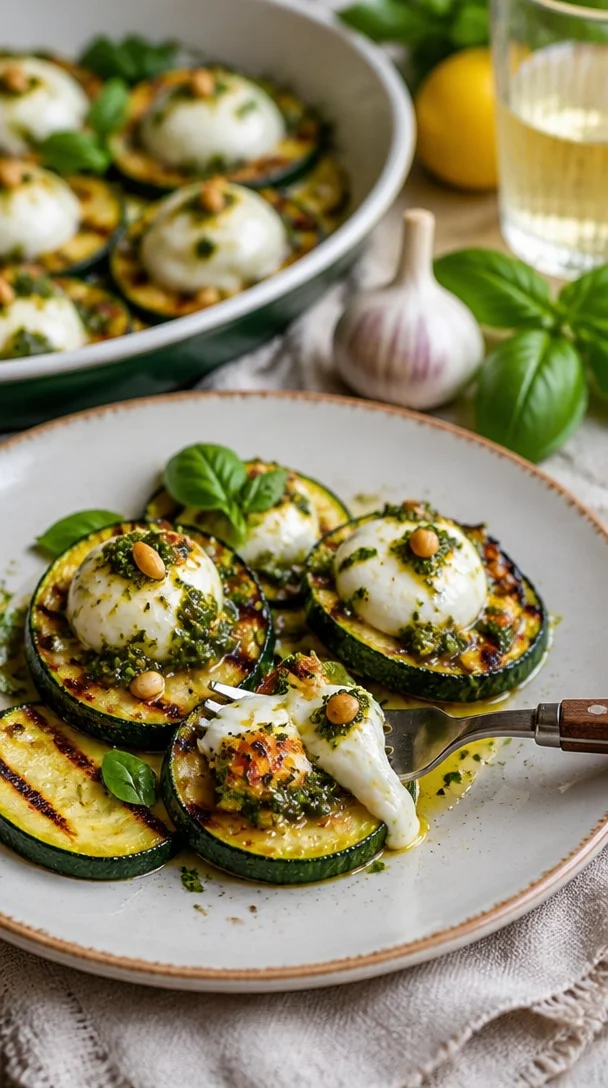 Leichter gegrillter Zucchini-Salat mit Burrata und Pesto auf einem Teller
