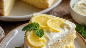 Limoncello-Mascarpone-Kuchen auf einem schönen Teller serviert