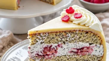 Marzipantorte mit Mohn und Kirschen auf einem eleganten Servierteller.