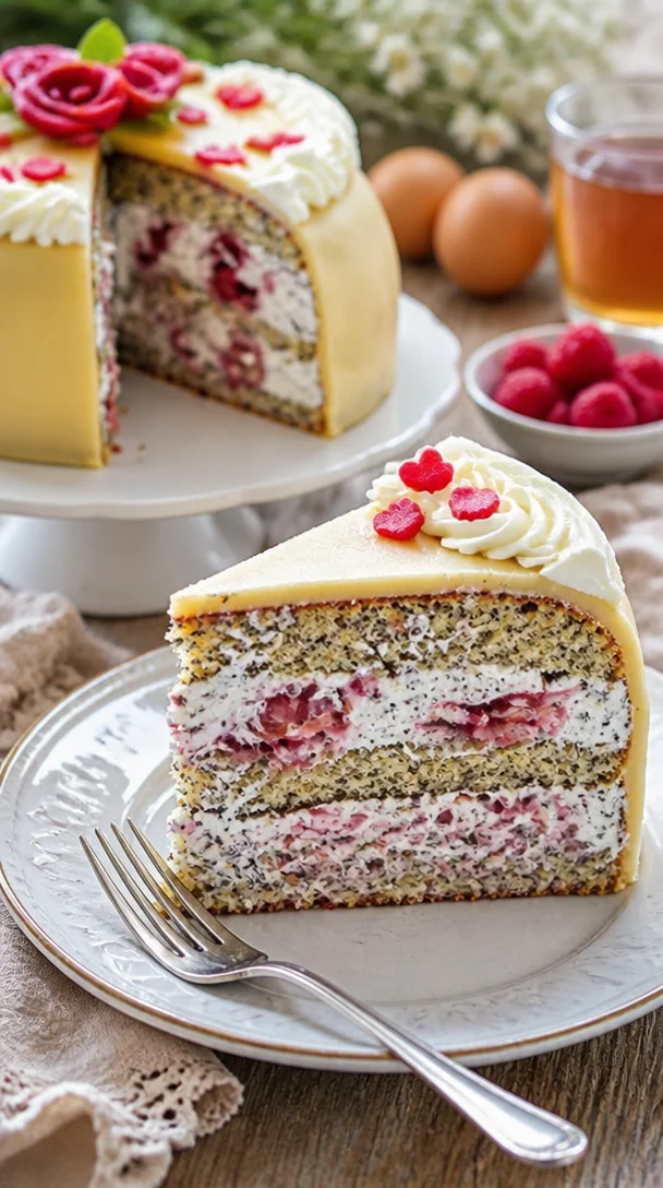 Marzipantorte mit Mohn und Kirschen auf einem eleganten Servierteller.