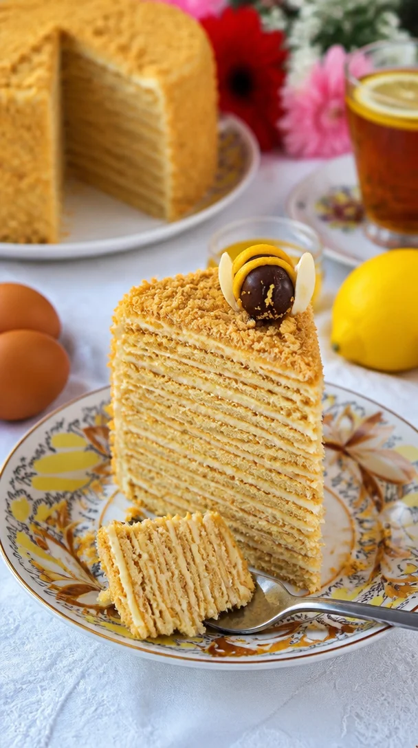 Medovik - traditionelle russische Honigtorte mit Honig und Sahne