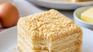 Milchmädchenkuchen mit Butterkeksen auf einem Teller serviert