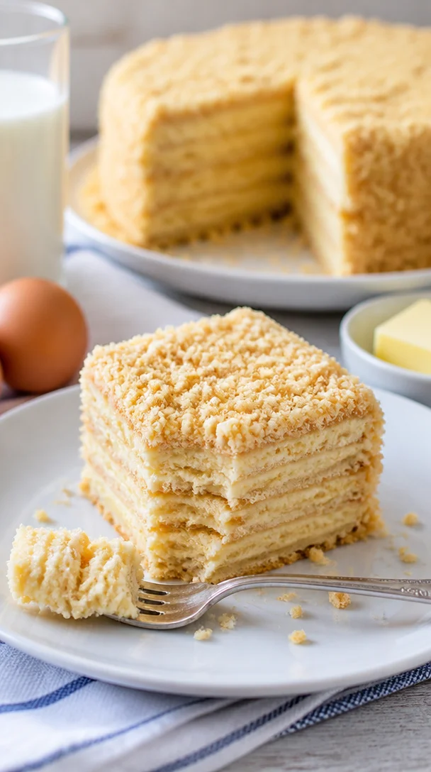 Milchmädchenkuchen mit Butterkeksen auf einem Teller serviert