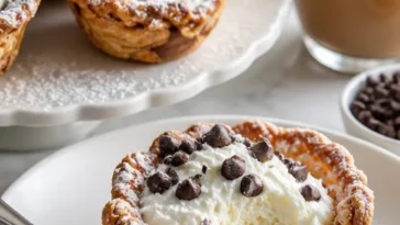 Mini-Cannoli-Tassen gefüllt mit Ricotta-Creme auf einem Teller