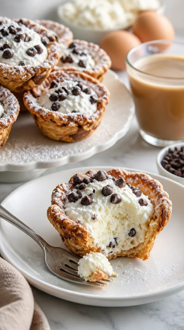 Mini-Cannoli-Tassen gefüllt mit Ricotta-Creme auf einem Teller