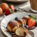 Mini Schwedische Pfannkuchen-Spieße mit Schokoladensauce auf einem Teller