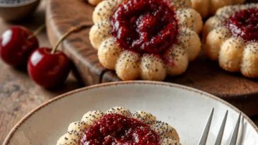 Leckere Plätzchen mit Mohn Kirsch Extract dekoriert auf einem Teller