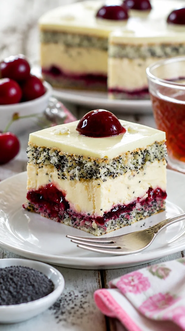 Mohn-Kirsch-Kuchen mit saftigem Mohn und fruchtigen Kirschen auf einem Teller