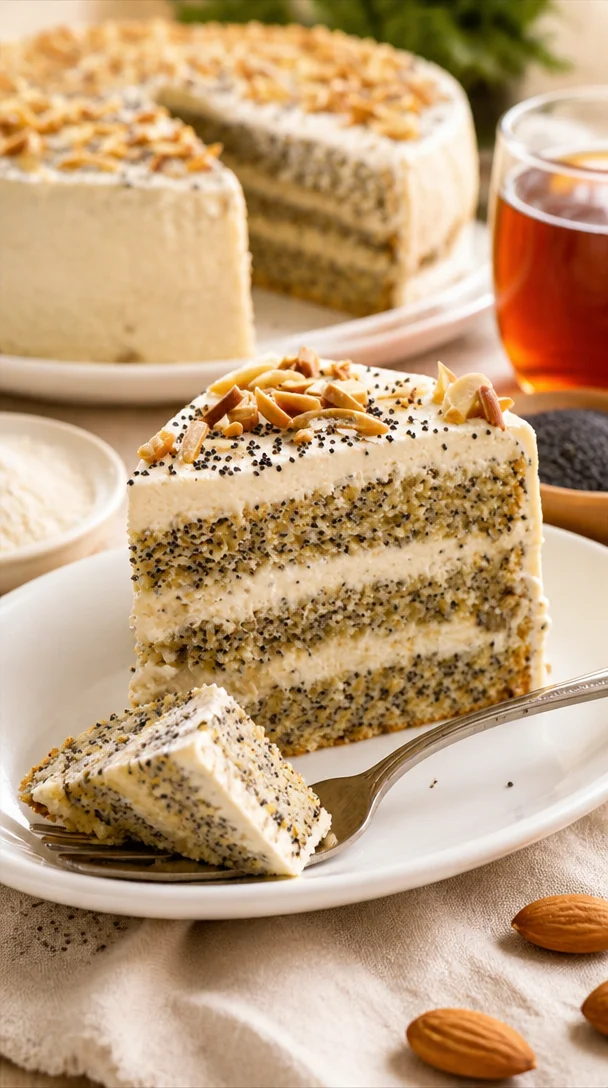Leckere Mohn-Mandel-Torte auf einem Teller mit frischen Mandeln und Mohnsamen.