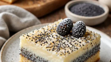 Mohn-Streuselkuchen mit Vanille-Quark-Creme auf einem hellen Hintergrund