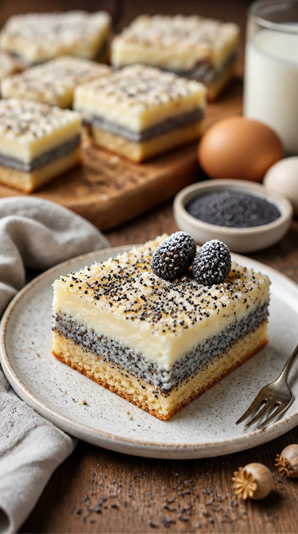 Mohn-Streuselkuchen mit Vanille-Quark-Creme auf einem hellen Hintergrund
