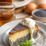 Saftiger Mohnkuchen mit Pudding auf einem Teller serviert