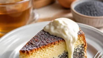 Saftiger Mohnkuchen mit Pudding auf einem Teller serviert