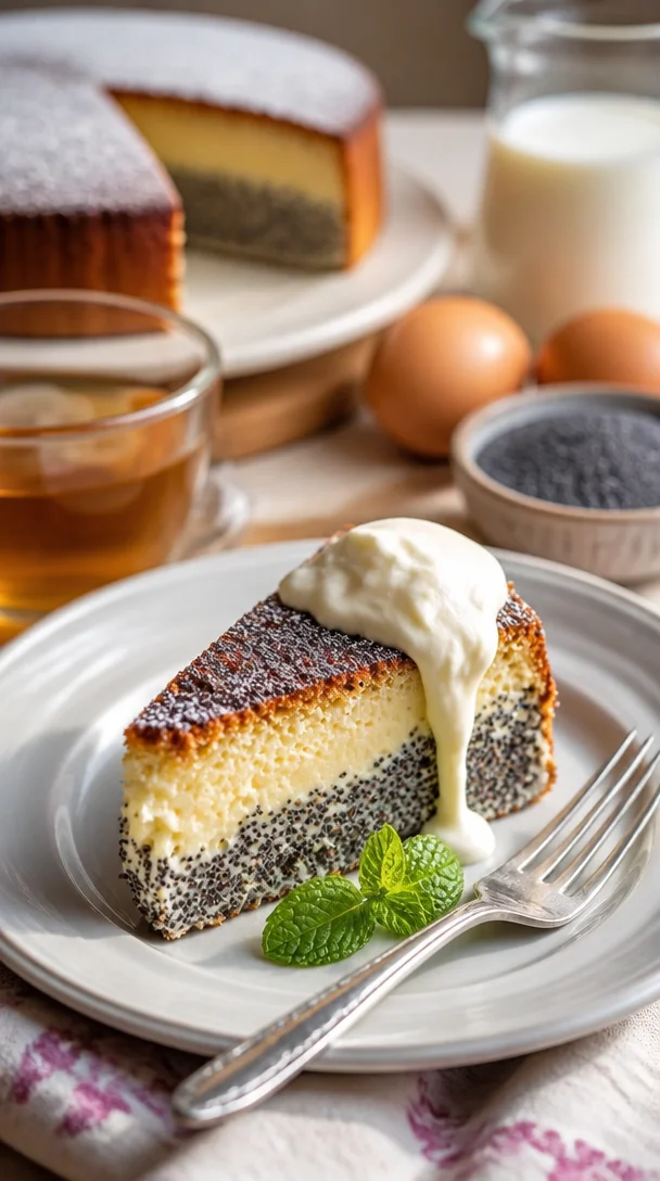 Saftiger Mohnkuchen mit Pudding auf einem Teller serviert