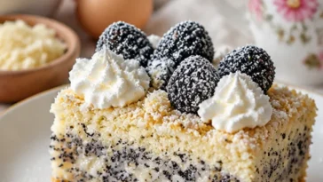 Mohnkuchen mit Streuseln auf einem Teller serviert