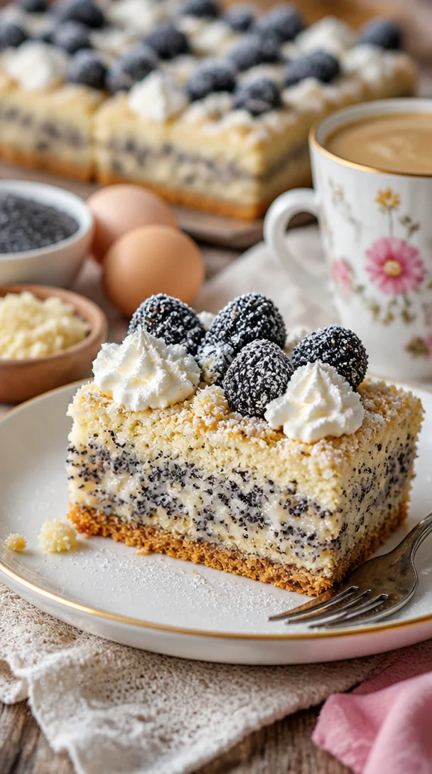 Mohnkuchen mit Streuseln auf einem Teller serviert