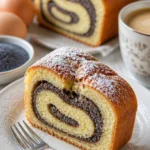 Mohnrolle aus Quark-Öl-Teig auf einem Teller serviert