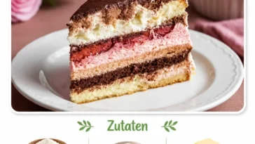 Neapolitanischer Kuchen mit bunten Schichten und Dekoration auf einem Teller