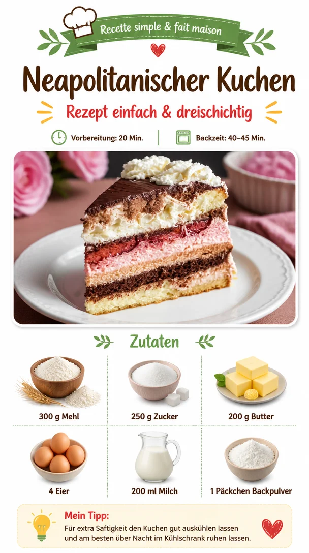 Neapolitanischer Kuchen mit bunten Schichten und Dekoration auf einem Teller