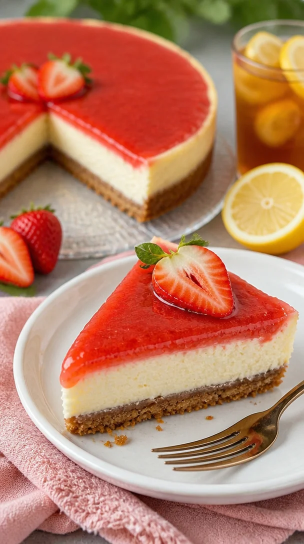 New Yorker Erdbeer Cheesecake mit frischen Erdbeeren und cremigem Käsebelag