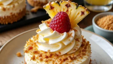 No-Bake Ananas-Himmel Cheesecake Dessert mit frischer Ananas und Sahne