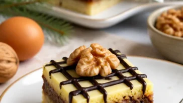 Nusskuchen mit Mürbeteig auf einem dekorativen Teller