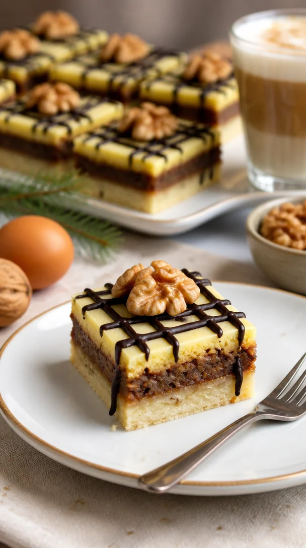 Nusskuchen mit Mürbeteig auf einem dekorativen Teller