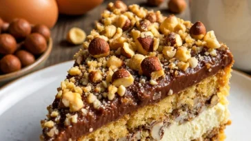Nusskuchen mit Nougatcreme, frisch gebacken und dekoriert