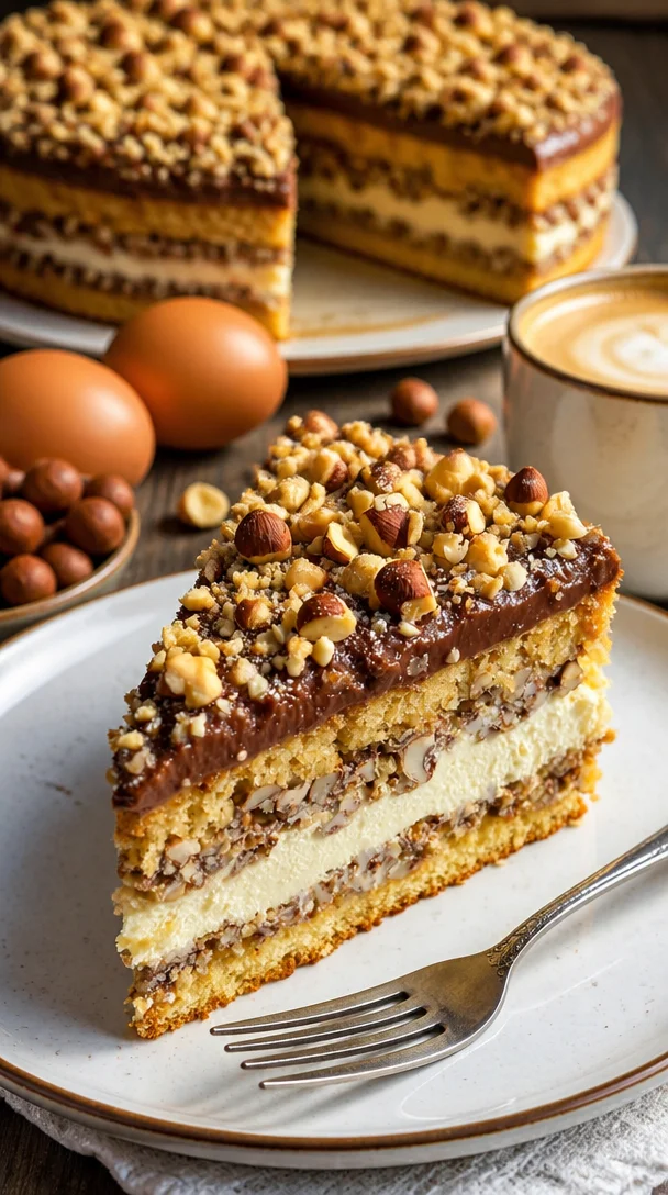 Nusskuchen mit Nougatcreme, frisch gebacken und dekoriert