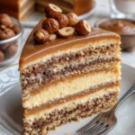 Nusstorte mit luftiger Schokoladenfüllung, frisch gebacken und dekoriert