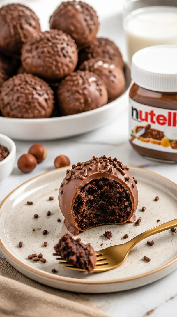 Schokoladige Nutella-Trüffel auf einem Teller, verziert mit Kakaopulver