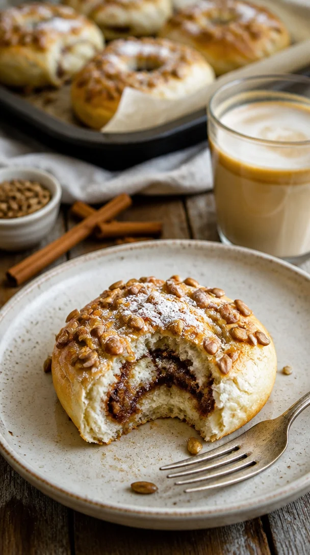 Leckere, frisch gebackene Bagels auf einem rustikalen Holzbrett.