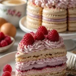 Französische Macaron-Torte mit Himbeer-Rosen-Buttercreme-Schichten