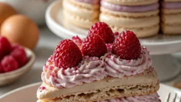 Französische Macaron-Torte mit Himbeer-Rosen-Buttercreme-Schichten