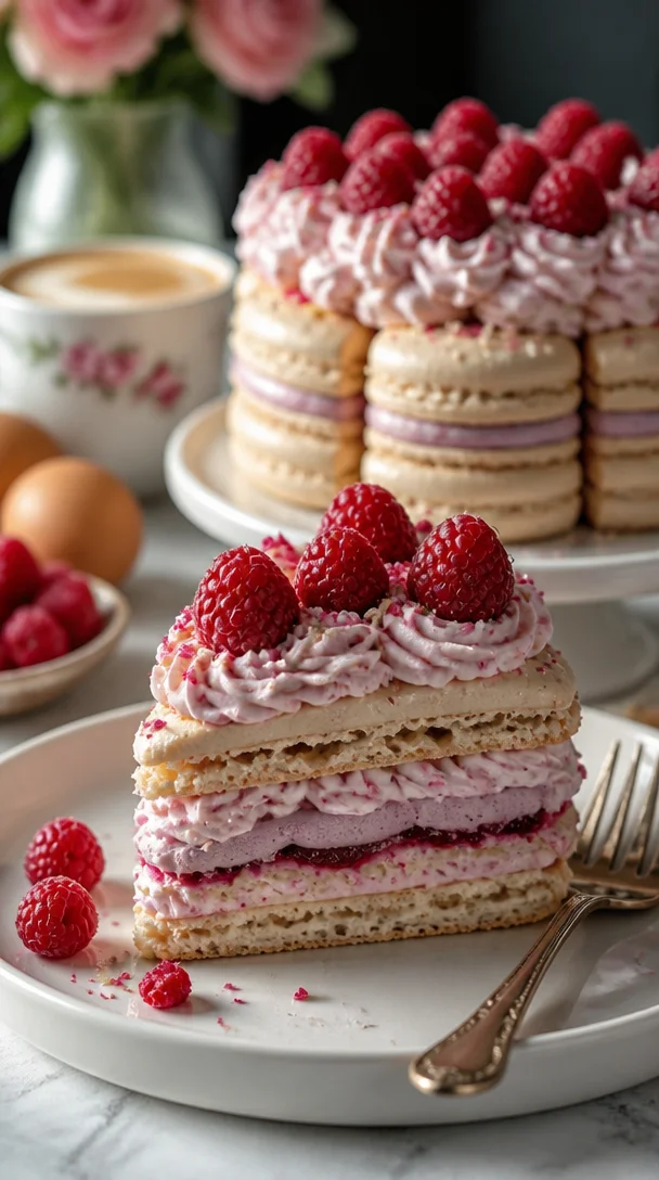 Französische Macaron-Torte mit Himbeer-Rosen-Buttercreme-Schichten