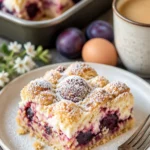 Pflaumenkuchen vom Blech mit Meringue auf einem Kuchenteller